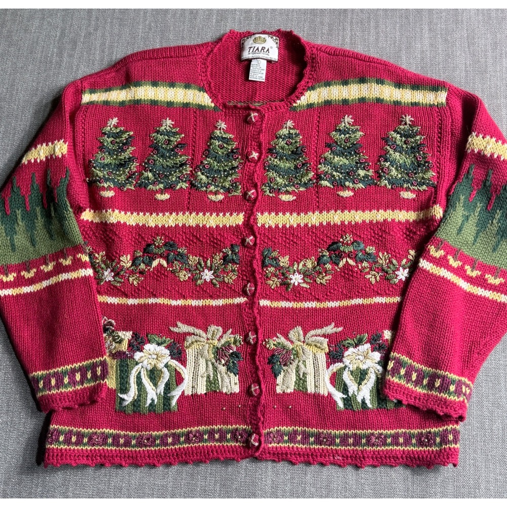 Tiara International Vintage Christmas Cardigan Red Beaded Embroidered Trees L